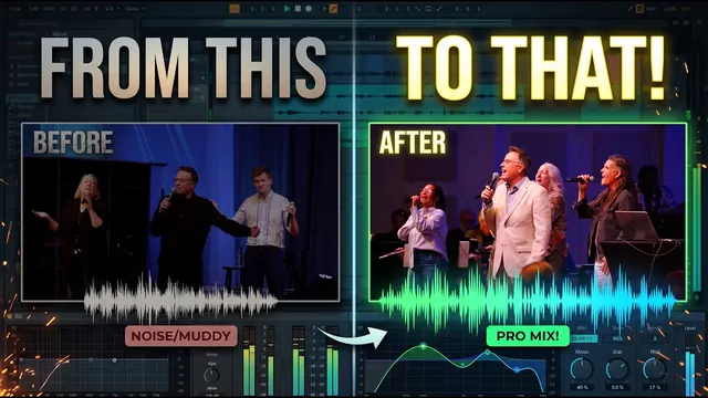Before and after: the same church's livestream, muddy audio on the left and a professional broadcast mix on the right